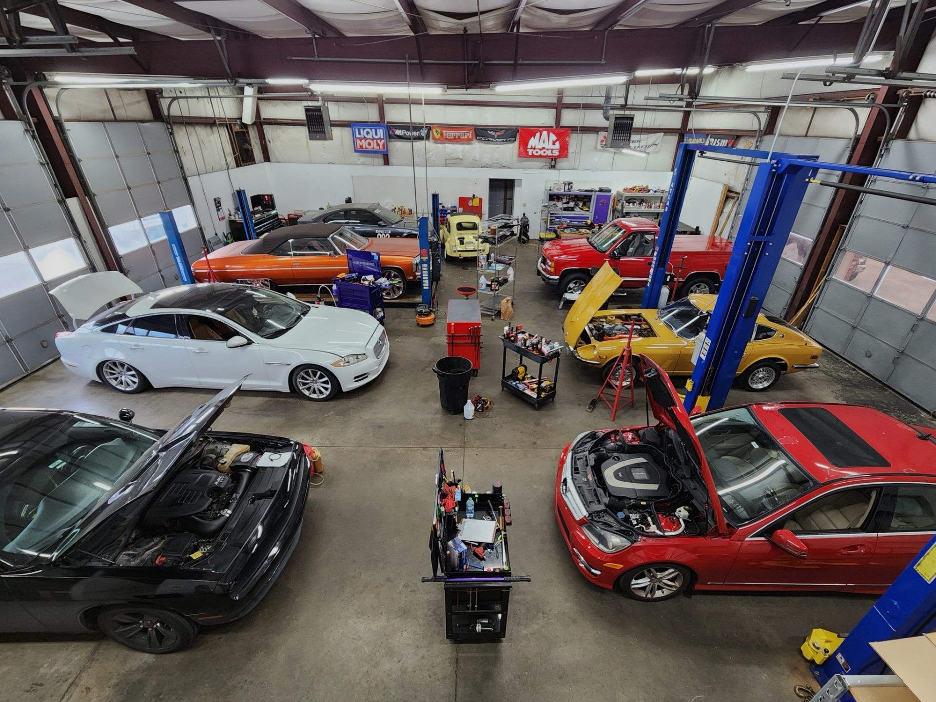 Classic and exotic cars inside Pinnacle Motorsports — Jaguar XJ, Datsun 240Z, Challenger